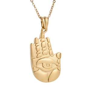 Gothic 18K gold stainless steel Hamsa Hand pendant necklace with Evil Eye relief detail
