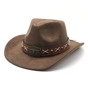 Detail of dark brown faux suede cowboy hat with vintage bull head buckle and stitching