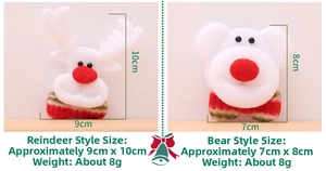 Detail view of plush Christmas reindeer and bear pins with holiday striped scarves