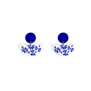 Macro detail of Chinese blue and white porcelain pattern on semi-circle earrings