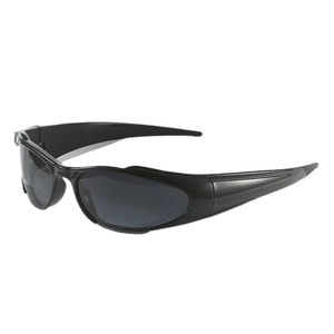 Black sporty wrap around Y2K sunglasses with streamlined wide temples for outdoor cycling