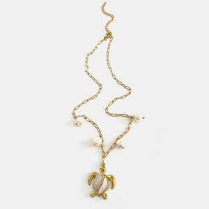 French turtle pearl necklace with titanium steel gold paperclip chain and turtle pendant