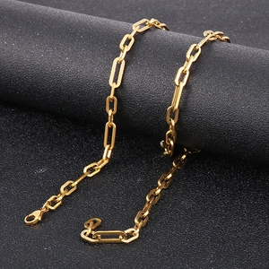 Golden titanium steel paperclip link chain necklace with lobster clasp on black background