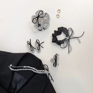 Elegant black ribbon bow hair clip and silver rhinestone accessory set for women