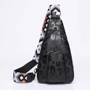 Vintage black leopard print PU crossbody chest bag with geometric ethnic shoulder strap