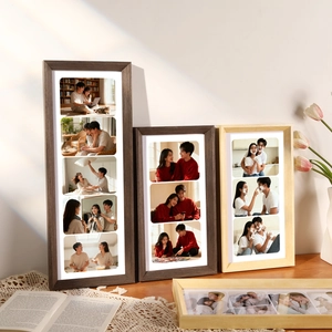 Solid wood multi-photo frame set in walnut and oak finishes for elegant desk display