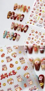 Detail of 3D embossed Chinese New Year nail stickers featuring red dragons and gold coins