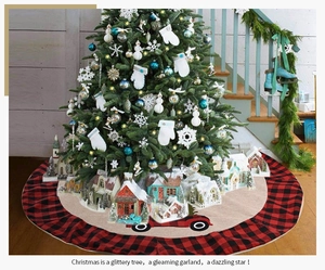 Detail of burlap Christmas tree skirt with red buffalo plaid trim and vintage truck print