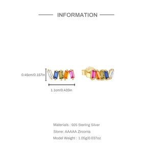 Detailed view of S925 sterling silver long square earrings with colorful zircon and size specs