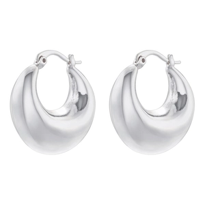 Close-up of chunky silver hoop earrings with a mirror-polished finish and lever-back clasp