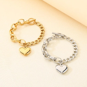Heart Pendant Stainless Steel Bracelet Women Fashion Thick Cuban Chain Toggle Clasp French Style Jewelry