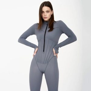 Combinaison Femme Manches Longues Fermeture Éclair Avant Moulante Couture Contrastée Passe-Pouce Taille Haute Polyester Streetwear
