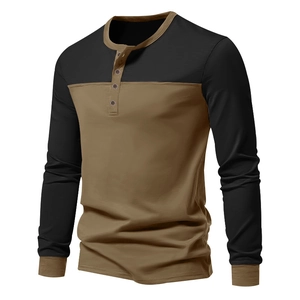 Detail of the Henley collar buttons and color block design on the long sleeve men's shirt