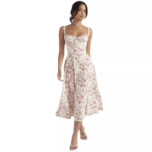 Elegant floral spaghetti strap midi dress with corset bodice and pink flower pattern