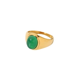 Retro 18k gold plated titanium steel ring with oval green agate stone on white background