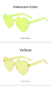 Side view of heart-shaped rimless sunglasses in neon green and yellow transparent colors