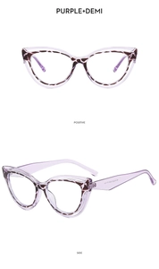 Front and side views of purple and demi cat-eye TR90 frames with metal hinge details