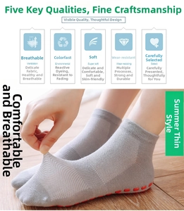 Detail of grey low-cut anti-slip socks with red silicone grips and breathable mesh texture