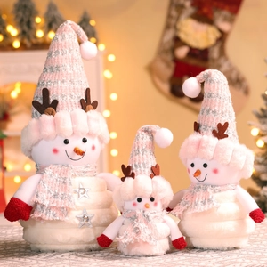 Three sizes of pink Christmas snowman plush set with knitted hats and starry details