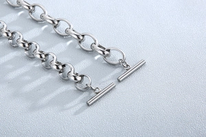 Macro shot of silver stainless steel chain links with a T-bar toggle clasp design