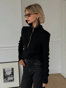 Slim fit black long sleeve knit sweater with chic half-zipper and vertical ribbing texture