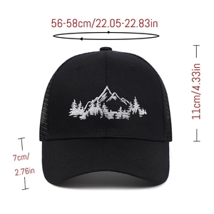 Detailed size chart showing dimensions for mountain forest embroidered mesh trucker cap