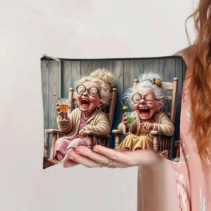 Detail of canvas pouch with retro illustration of women drinking, held by a woman