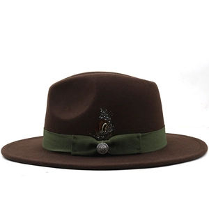 Classic brown wool fedora hat with dark green ribbon, metal buckle and feather accent