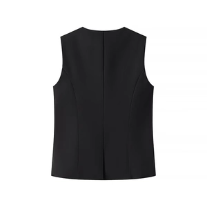 Detail view of the back of a black sleeveless vest with professional tailored seams