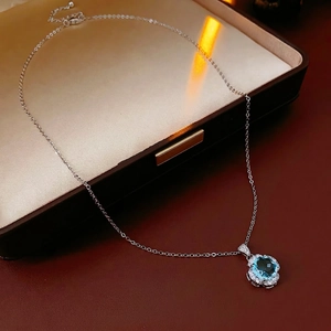 Blue Zircon Flower Pendant Necklace Copper Clavicle Chain Luxury Style Elegant Jewelry For Women