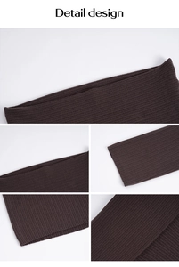 Detail shots of dark brown ribbed knit sweater showing neckline and textured cuffs