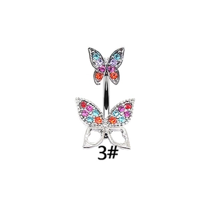 Detail of pink crystal butterfly navel ring with silver plating and cubic zirconia stones