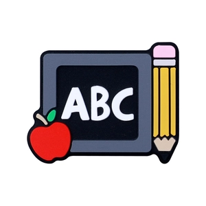 Cartoon chalkboard silicone bead with ABC letters, yellow pencil and a red apple