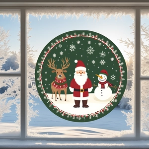 Detail eines großen runden Weihnachts-Fensteraufklebers mit Weihnachtsmann und Rentier auf Glas