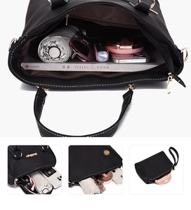 Detail of 6-piece black leather tote set showing interior capacity and matching sub-bags