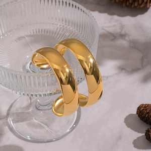 Minimalist double-layer 18K gold plated open cuff bangles with polished mirror finish