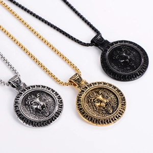 Detailed relief of lion head pendants in gold, silver, and black on beaded chains