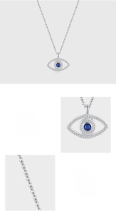 Macro detail of S925 sterling silver evil eye pendant with blue and white zircon pave setting