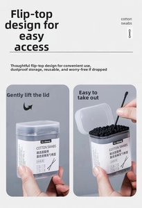 Detail of 2-in-1 black cotton swabs with ear pick in a flip-top plastic storage box