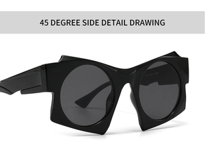 45-degree side detail of black geometric sunglasses with round dark grey lenses
