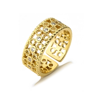 Adjustable gold plated open ring with hollow design and inlaid white zircon crystals