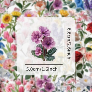 Detail shot of purple floral PET sticker with dimensions 6.6cm by 5.0cm on a blurred background