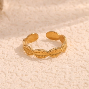 Polished 18K gold plated stainless steel open ring with shell textured coffee bean design