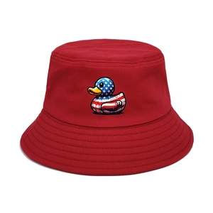 Red cotton bucket hat with American flag cartoon duck embroidery for sun protection