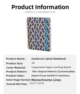 Detailed specs of A6 spiral notebook with blue geometric smile pattern and lined pages