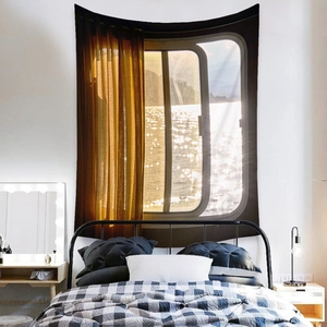 Detail showing high-quality polyester tapestry with scenic window view in bedroom