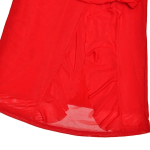 Detail of red dress featuring ruffle hem and mesh stitching with side slit design
