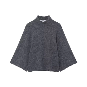 Women's dark grey knit sweater with high neck and wide sleeves on a white background