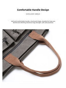 Detail der grauen Segeltuchtasche mit braunem Griff und Taschen mit Metallreißverschluss