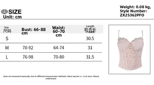 Tableau des tailles détaillé pour caraco en dentelle avec mesures S M et L en centimètres
